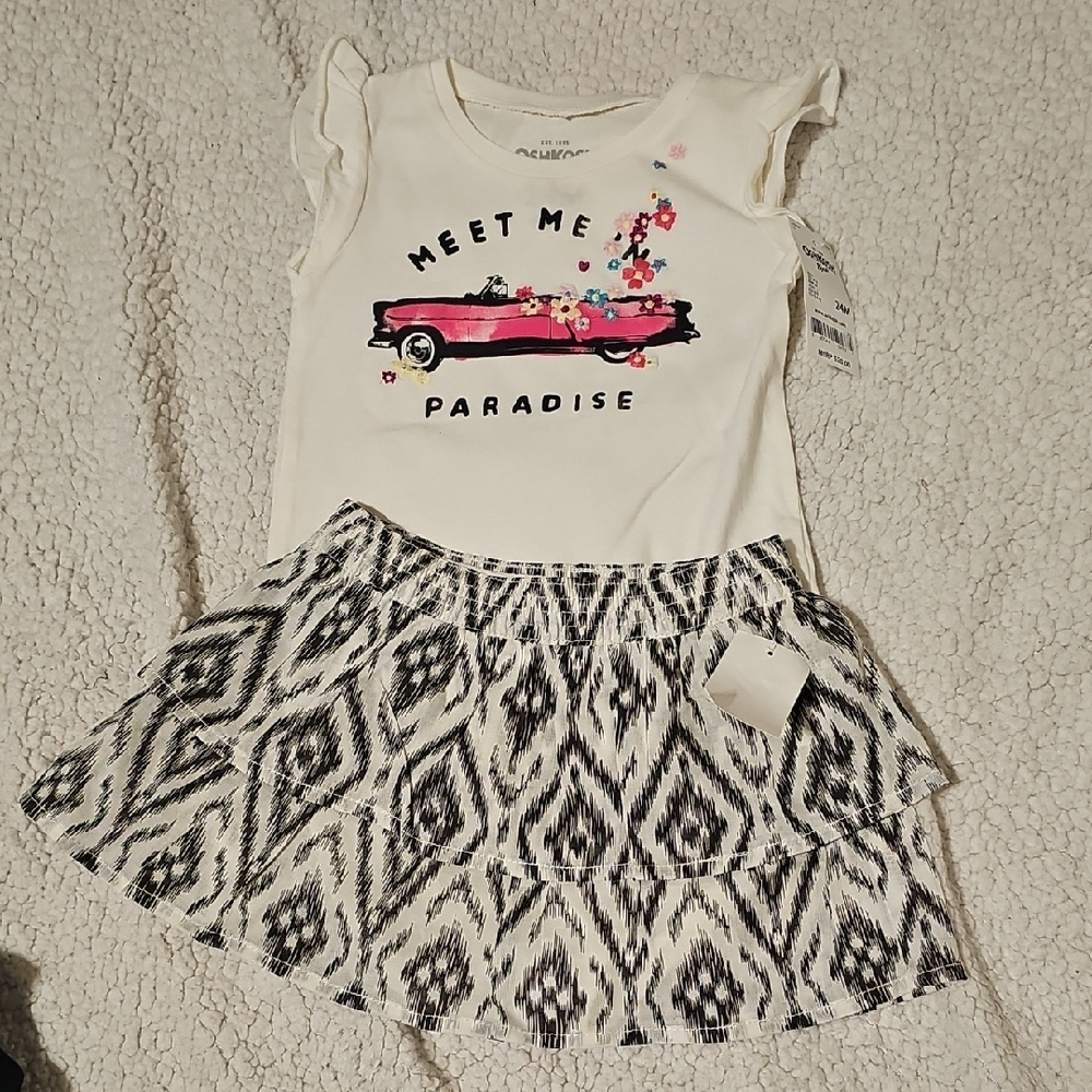 OshKosh B'gosh White Top and Black Patterned Skirt Kids Matching Set